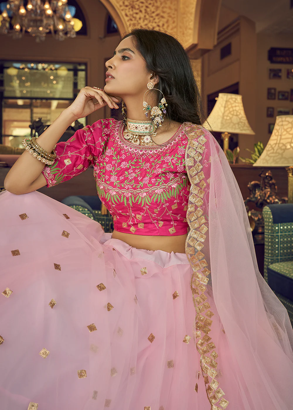 Impressive Baby Pink Heavy Net Party Wear Lehenga Choli - Image 2