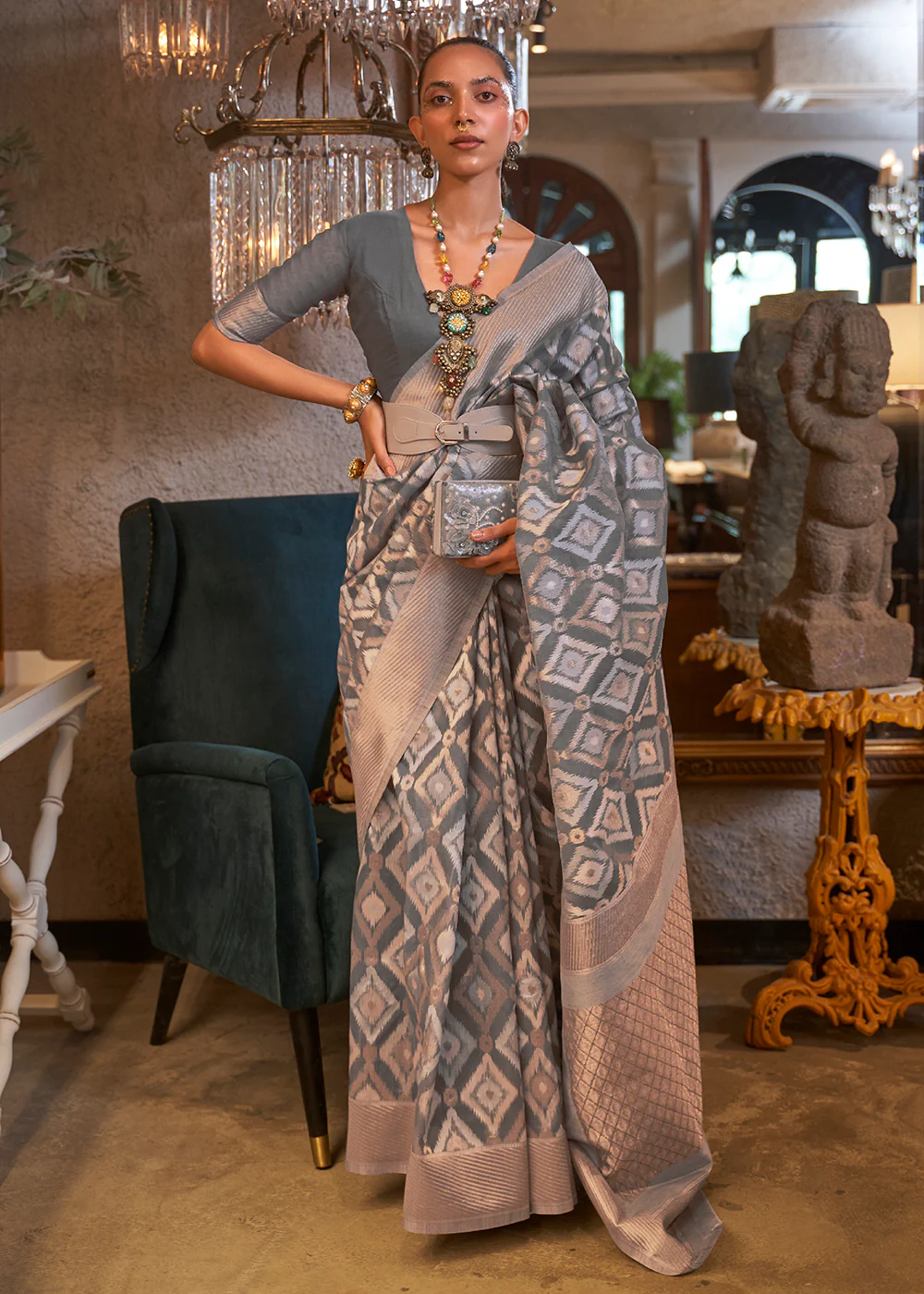 Impressive Grey Zari Weaving Linen Designer Saree