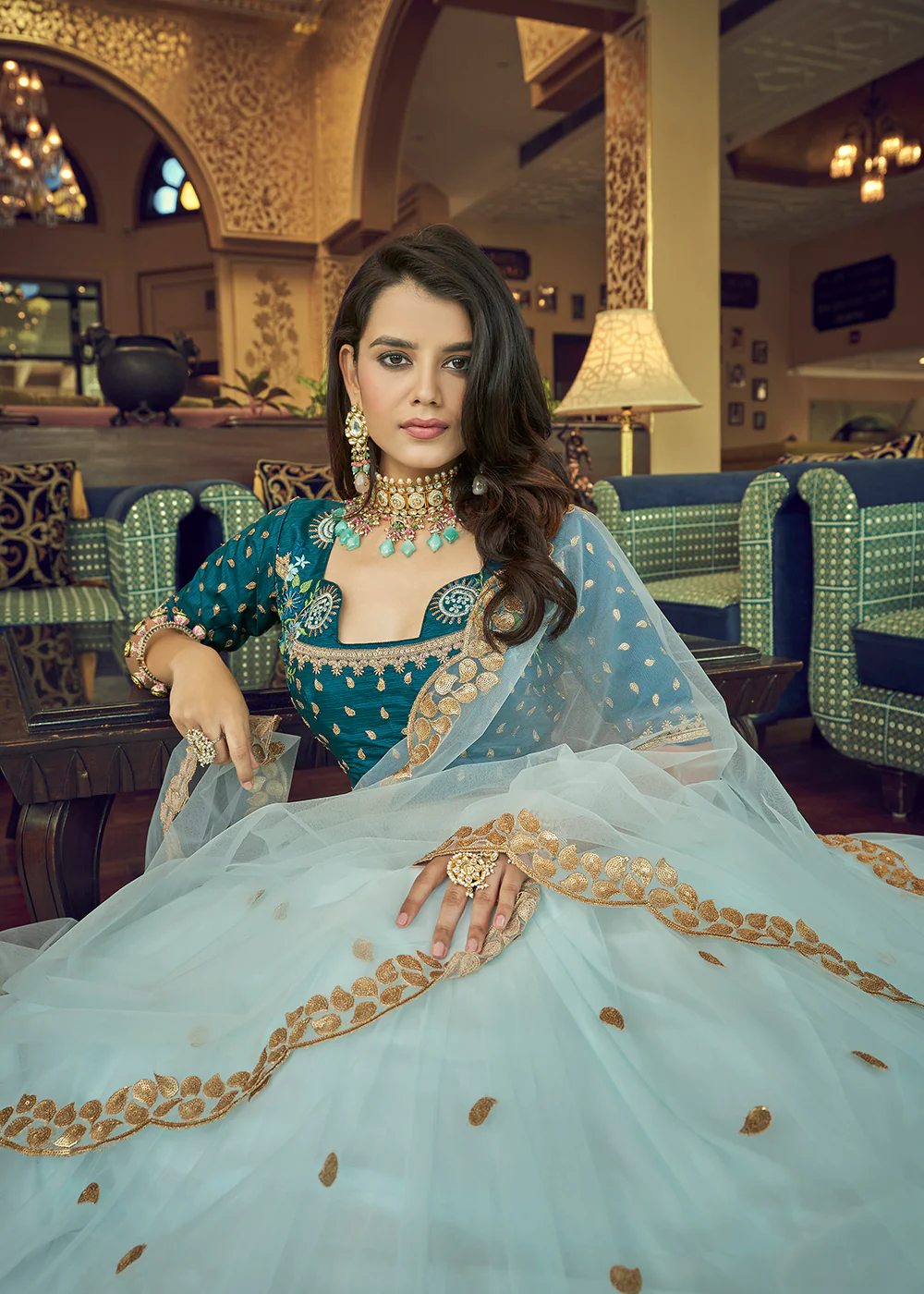 Impressive Sky Blue Heavy Net Party Wear Lehenga Choli - Image 2
