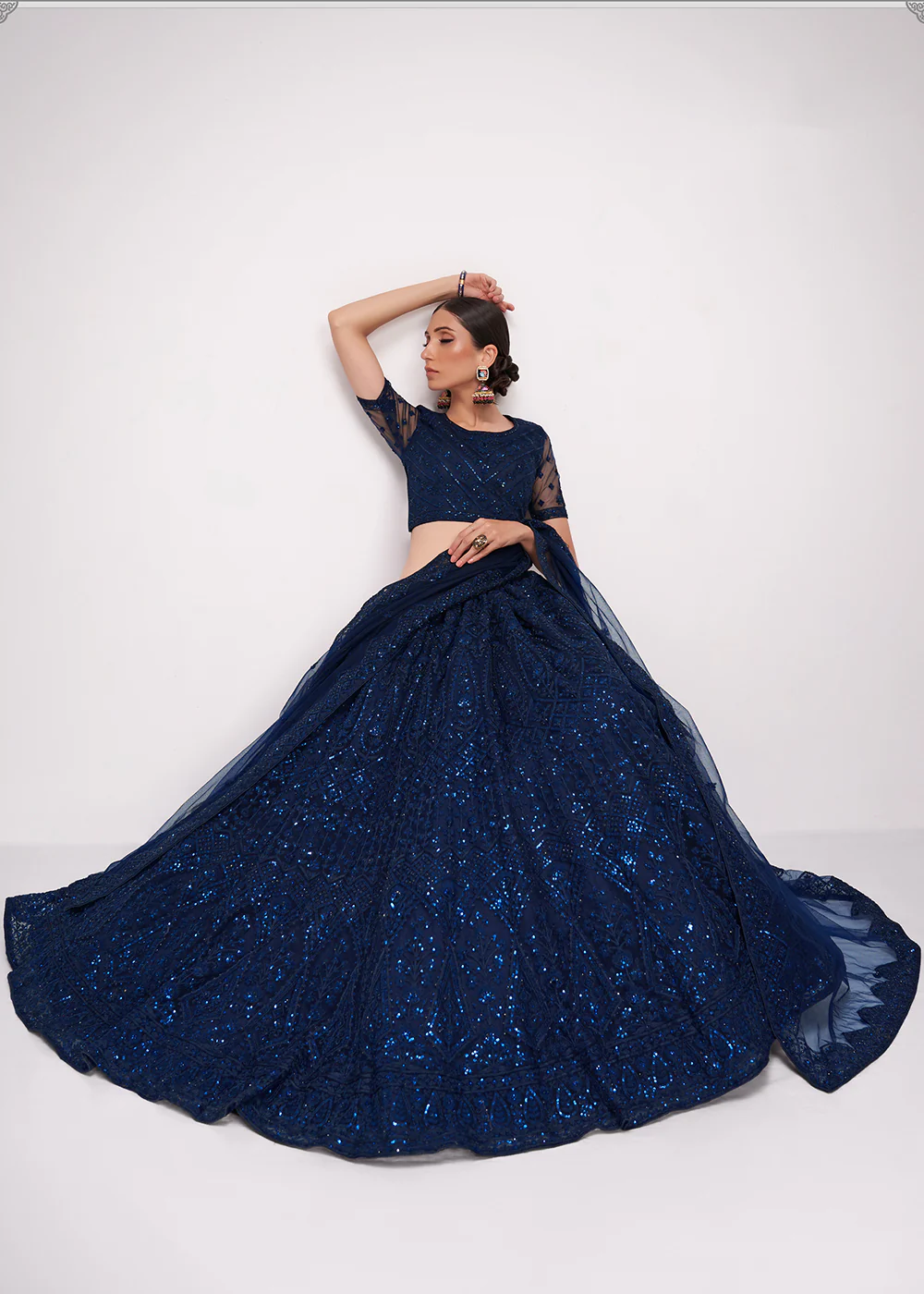 Incredible Dark Blue Cording Designer Wedding Bridal Lehenga Choli - Image 3
