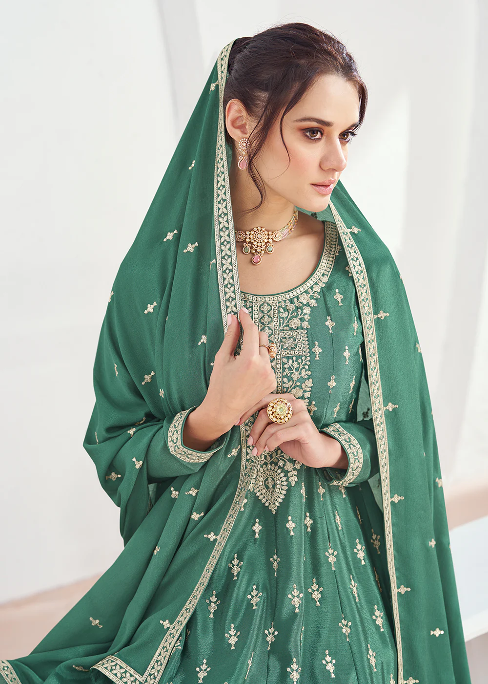 Incredible Green Embroidered Chinnon Festive Palazzo Suit - Image 2