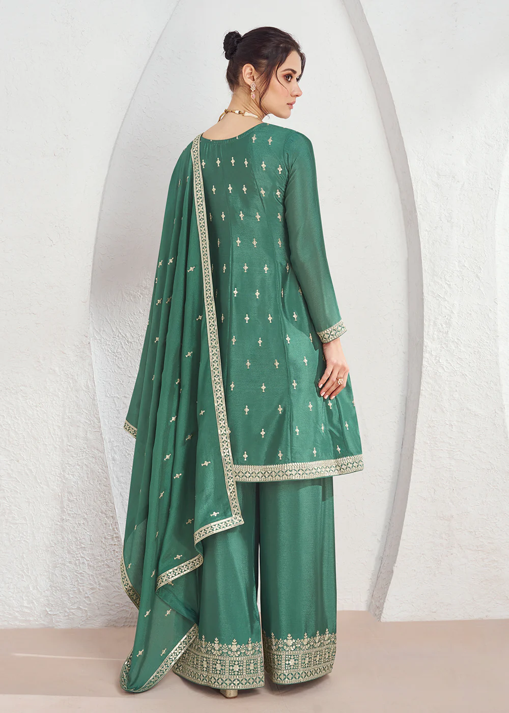 Incredible Green Embroidered Chinnon Festive Palazzo Suit - Image 3