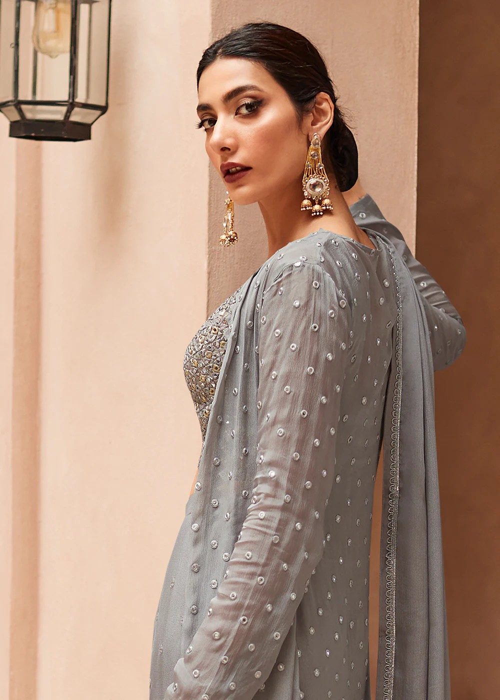 Incredible Grey Jacket Style Gharara Style Palazzo Suit - Image 3