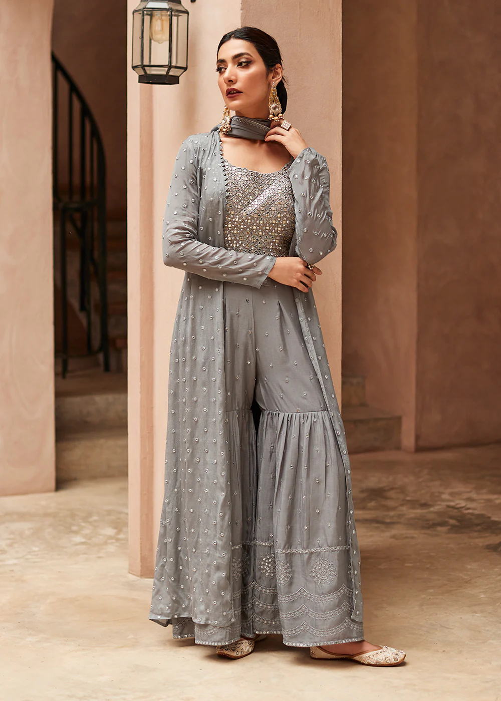 Incredible Grey Jacket Style Gharara Style Palazzo Suit - Image 4