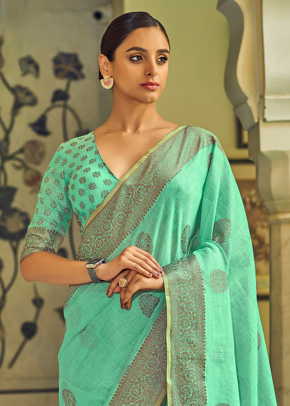 Incredible Marine Green Soft Linen Weaving Saree with Belt - Image 2