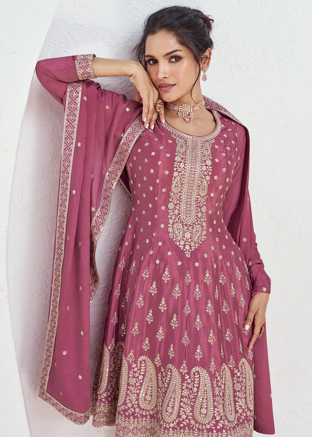 Incredible Pink Embroidered Chinnon Festive Palazzo Suit - Image 2