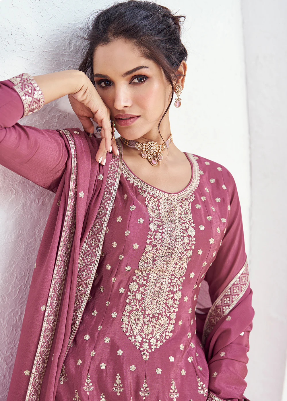 Incredible Pink Embroidered Chinnon Festive Palazzo Suit - Image 4