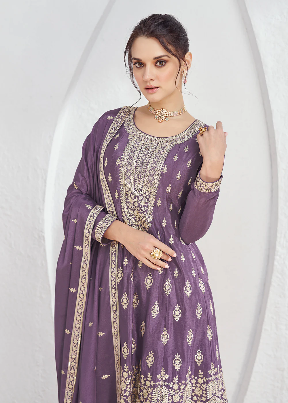 Incredible Purple Embroidered Chinnon Festive Palazzo Suit - Image 2