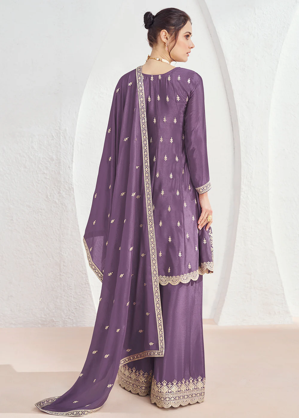 Incredible Purple Embroidered Chinnon Festive Palazzo Suit - Image 3