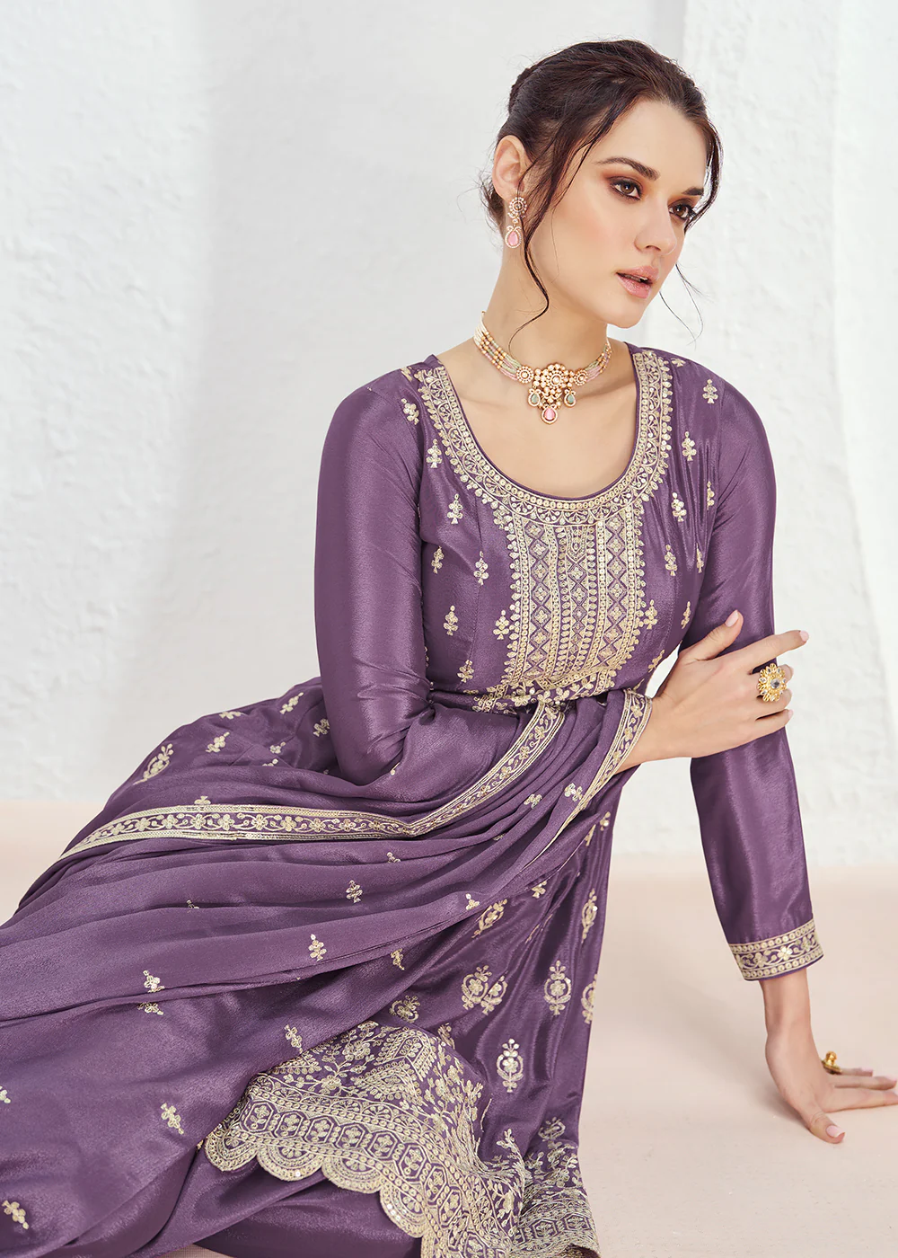 Incredible Purple Embroidered Chinnon Festive Palazzo Suit - Image 4