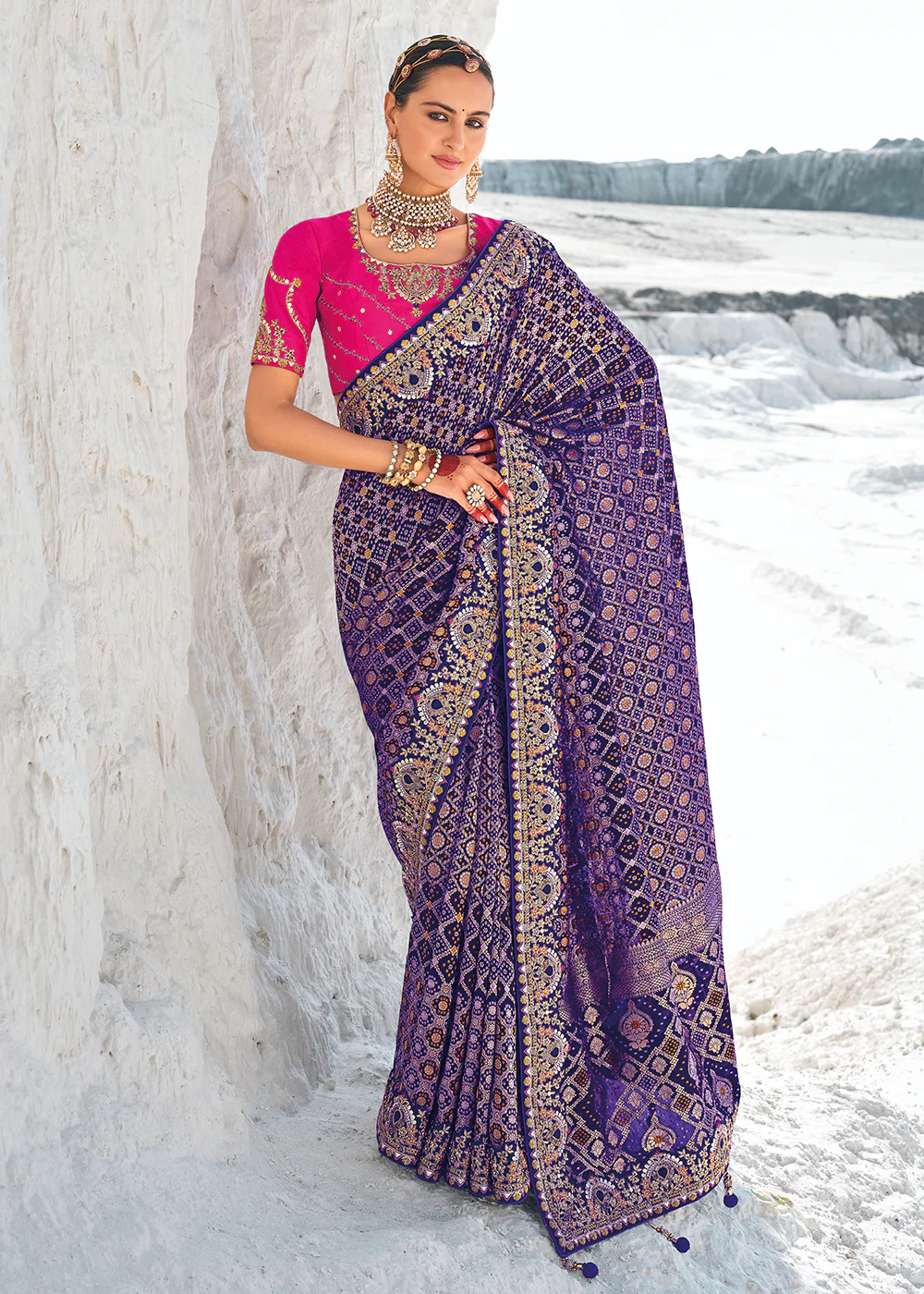 Incredible Purple Georgette Wedding Bandhani Patola Saree