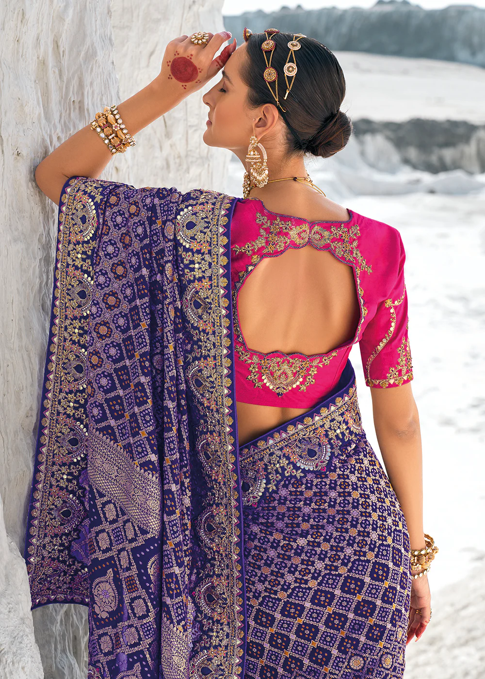 Incredible Purple Georgette Wedding Bandhani Patola Saree - Image 3