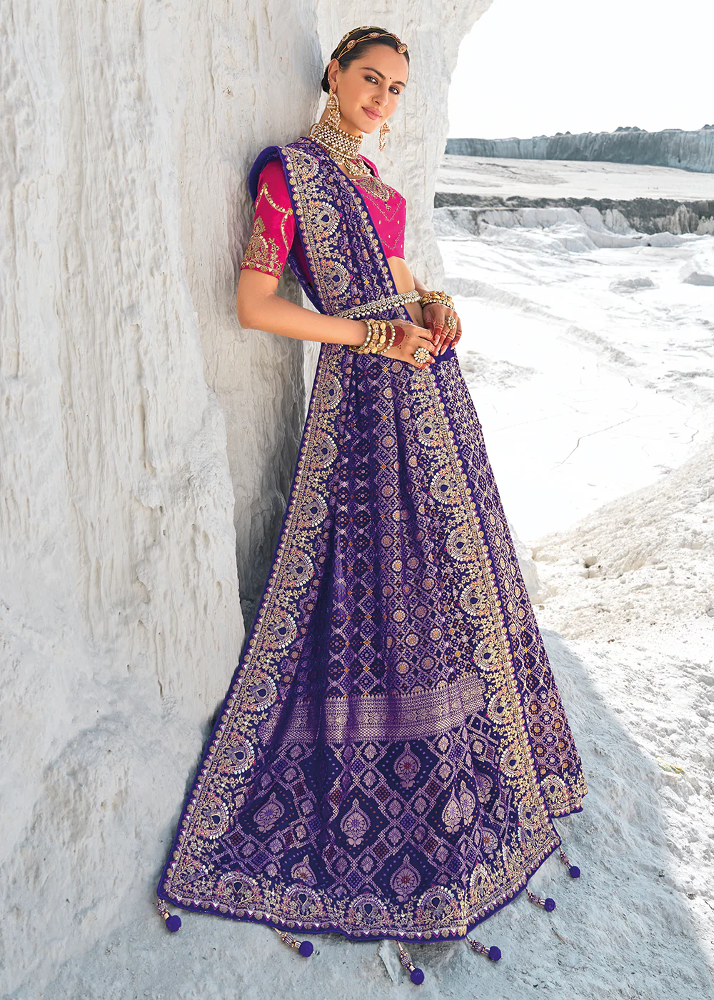 Incredible Purple Georgette Wedding Bandhani Patola Saree - Image 4