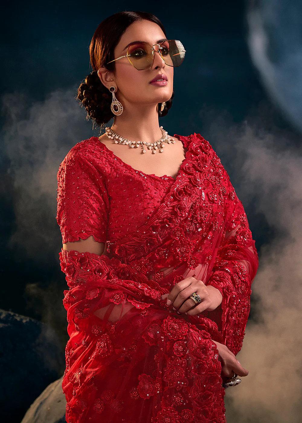 Incredible Red Premium Net Heavy Embroidered Designer Saree - Image 2