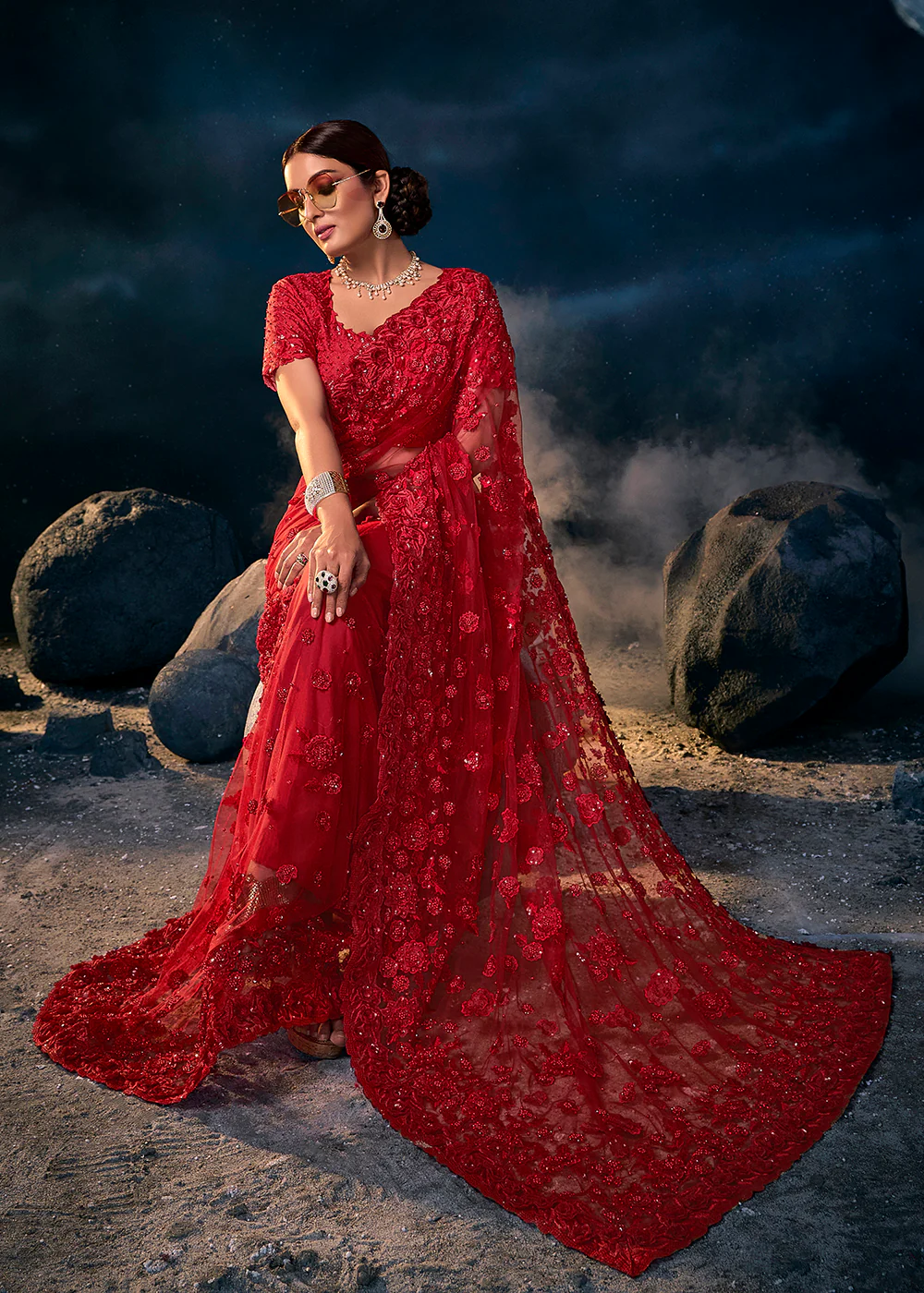 Incredible Red Premium Net Heavy Embroidered Designer Saree - Image 3