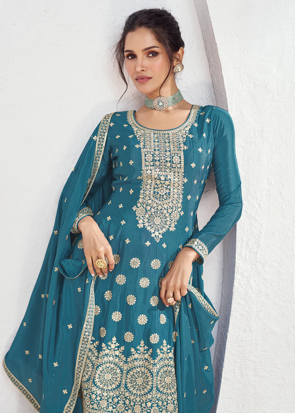 Incredible Teal Blue Embroidered Chinnon Festive Palazzo Suit - Image 2