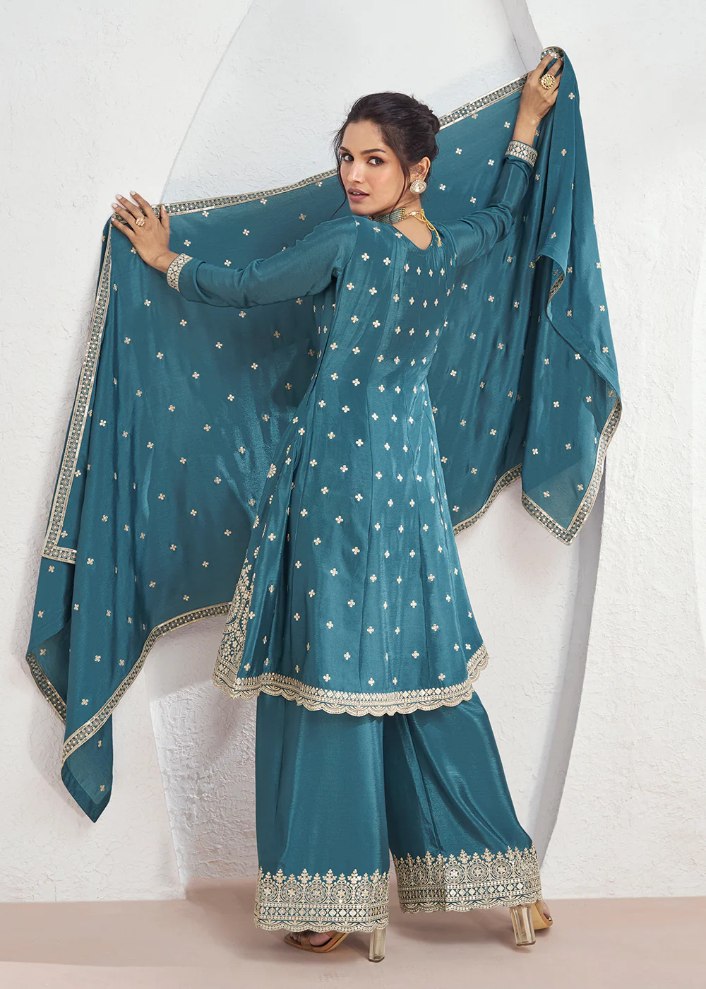 Incredible Teal Blue Embroidered Chinnon Festive Palazzo Suit - Image 3