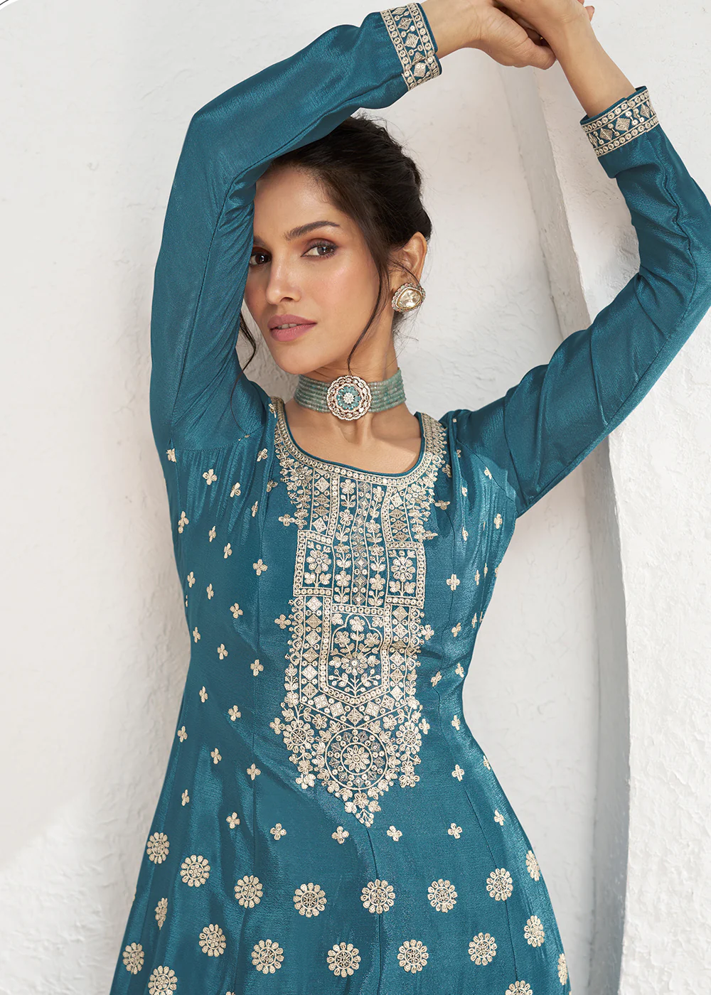Incredible Teal Blue Embroidered Chinnon Festive Palazzo Suit - Image 4