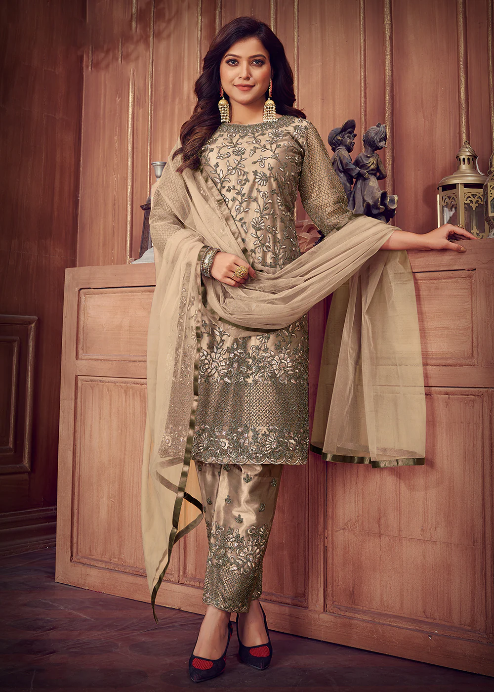 Indian Designer Beige Net Pant Style Salwar Suit - Image 3