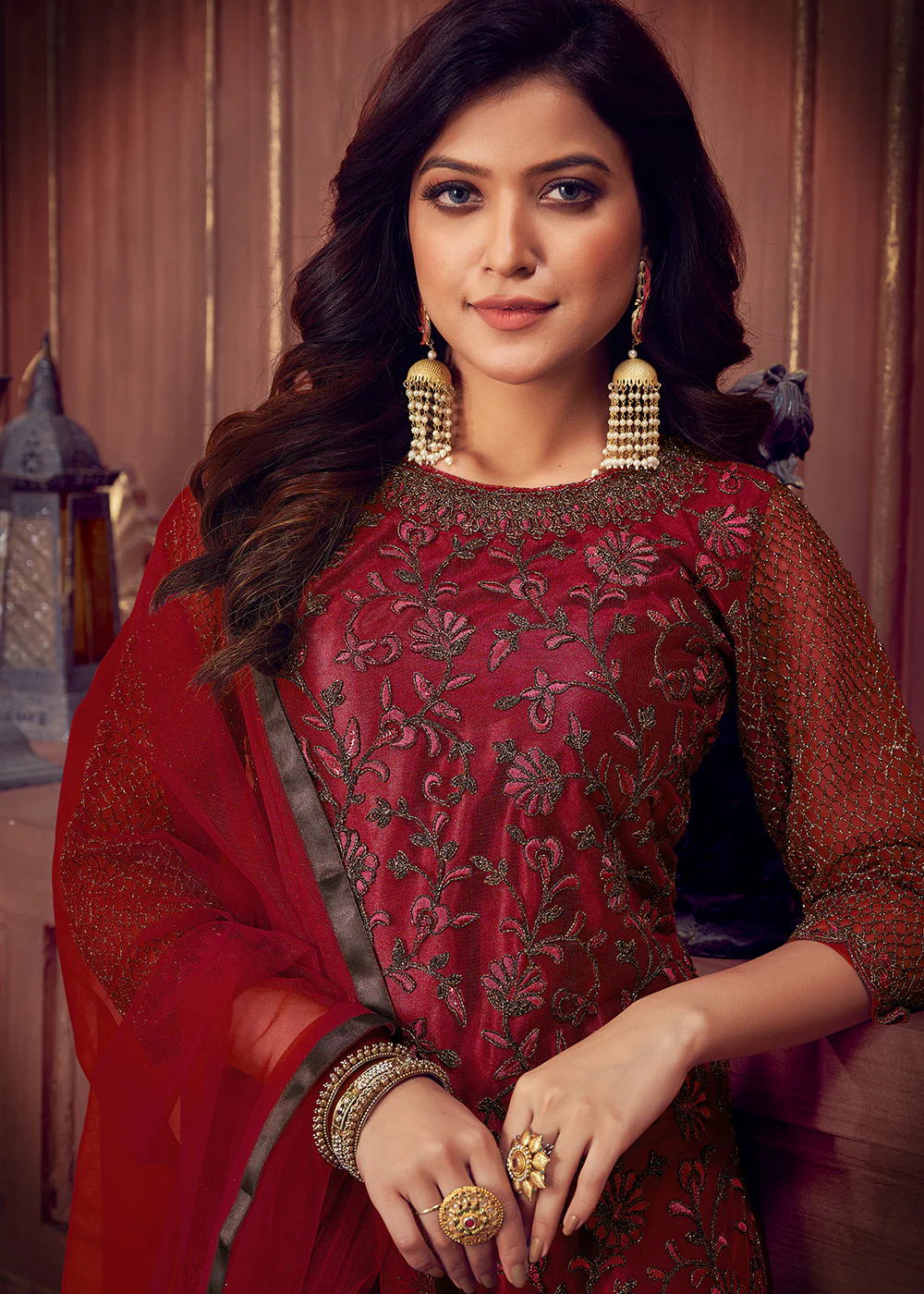Indian Designer Red Net Pant Style Salwar Suit - Image 2