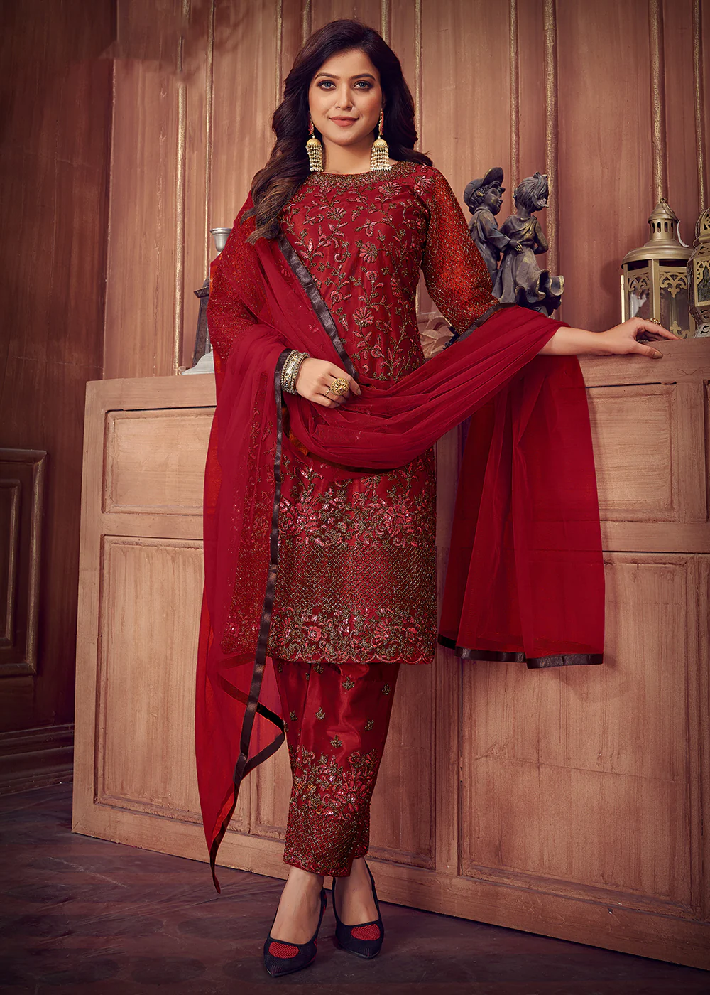 Indian Designer Red Net Pant Style Salwar Suit - Image 3