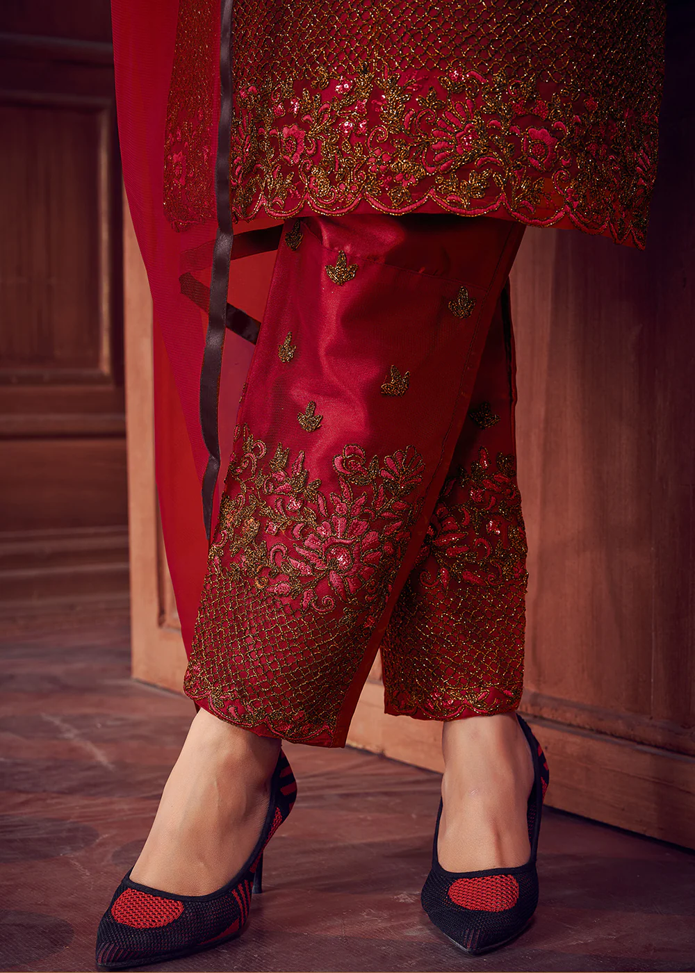 Indian Designer Red Net Pant Style Salwar Suit - Image 4