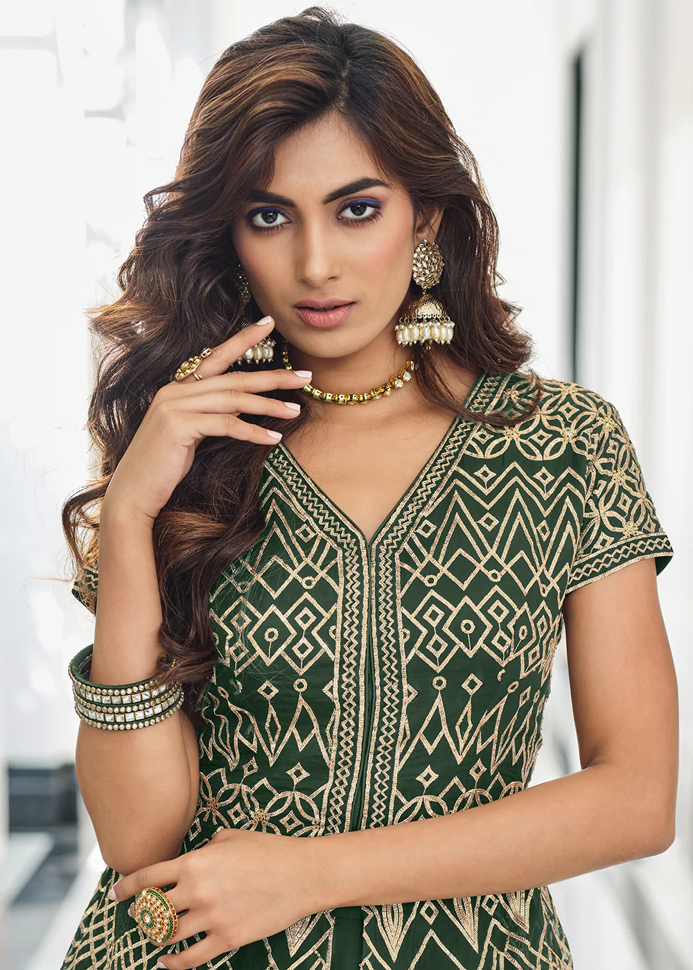 Indo Western Green Georgette Festive Party Lehenga Skirt Suit - Image 2