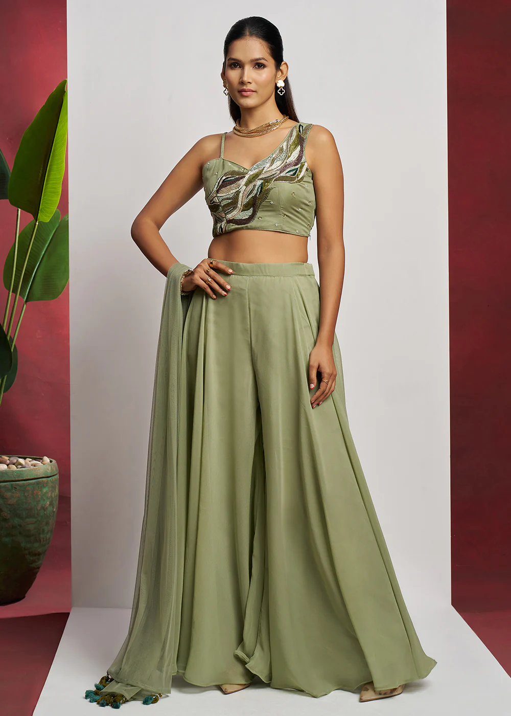 Indo Western Green Khatli Work Party Wear Sharara Suit