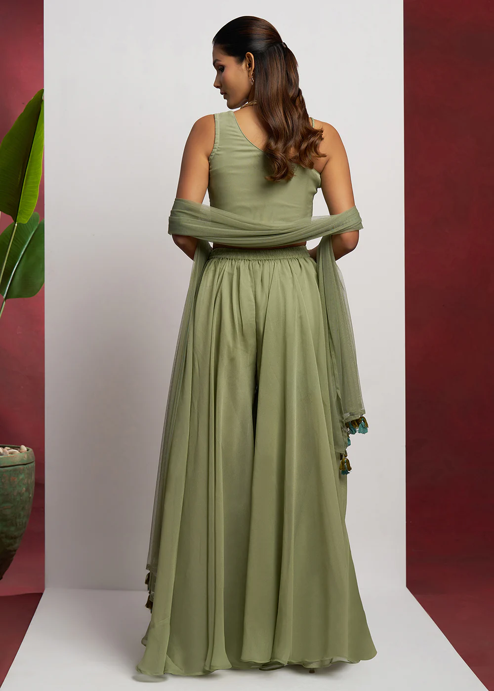 Indo Western Green Khatli Work Party Wear Sharara Suit - Image 3