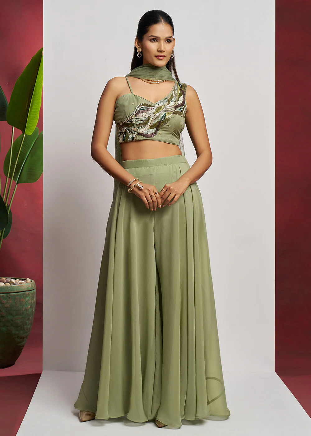 Indo Western Green Khatli Work Party Wear Sharara Suit - Image 6