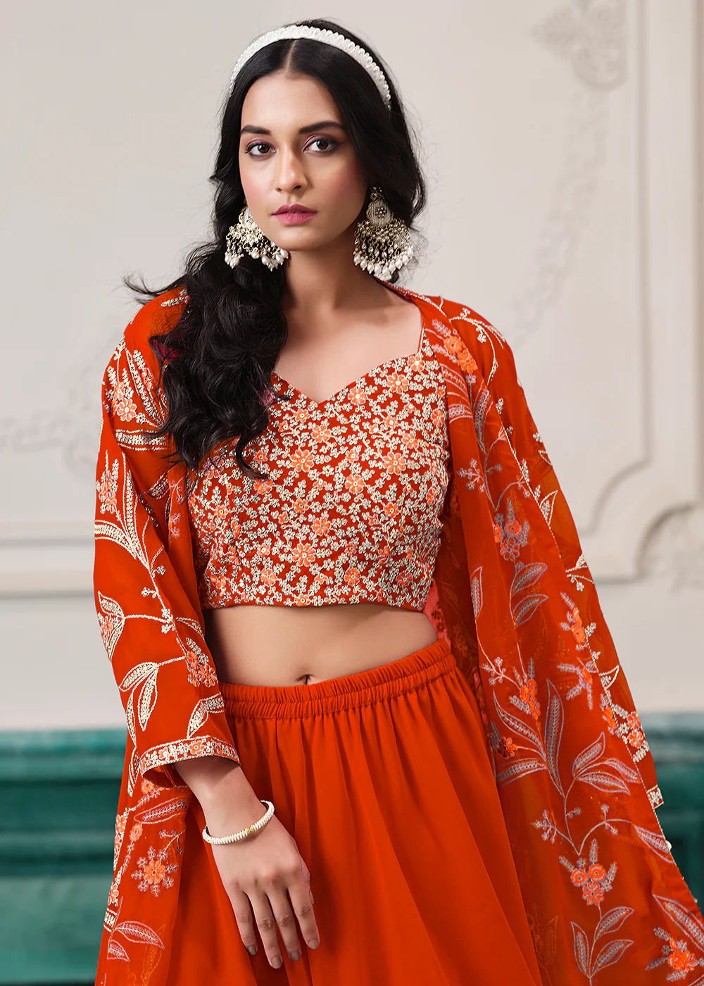 Indo Western Orange Embroidered Jacket Style Sharara Suit - Image 2