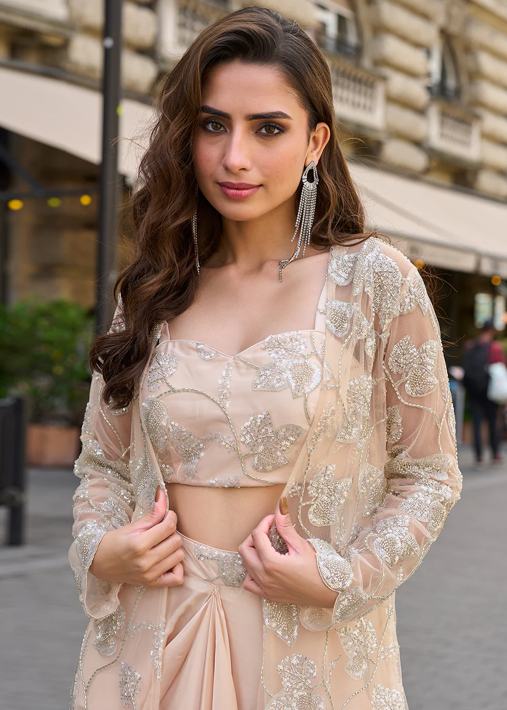 Indo Western Peach Jacket & Dhoti Style Dress - Image 2
