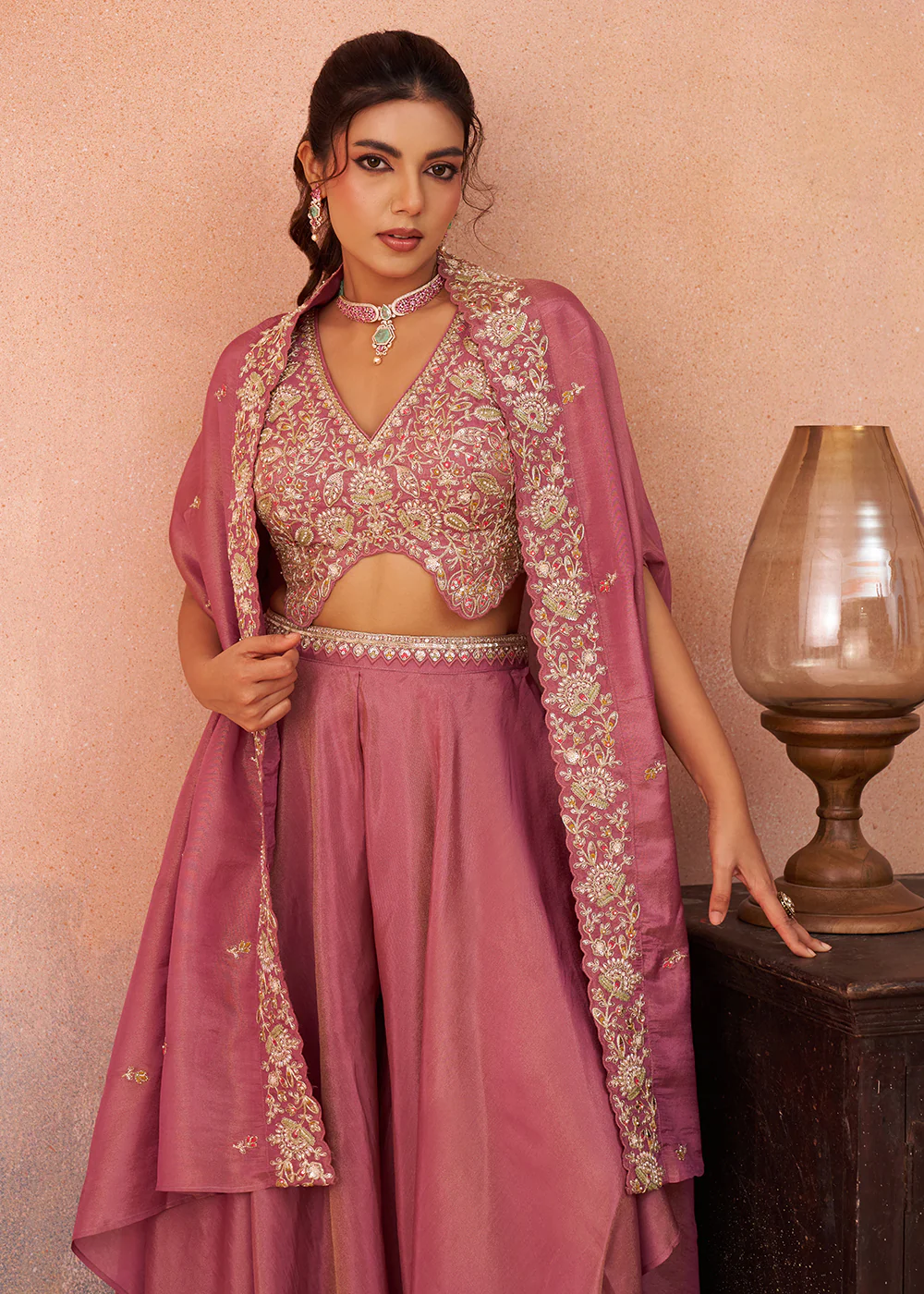 Indo Western Pink Crepe Embroidered Set with Flared Cape - Image 2