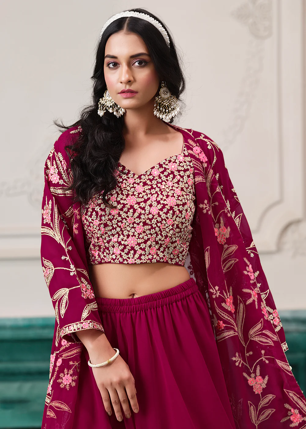 Indo Western Pink Embroidered Jacket Style Sharara Suit - Image 2
