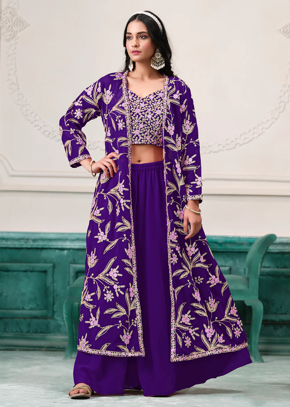 Indo Western Purple Embroidered Jacket Style Sharara Suit