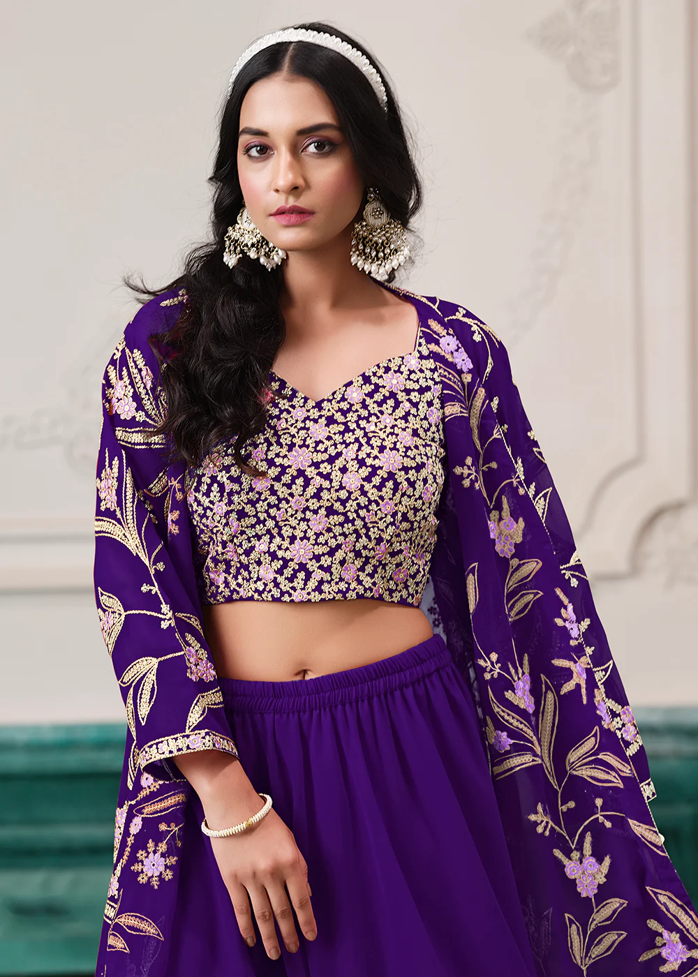 Indo Western Purple Embroidered Jacket Style Sharara Suit - Image 2