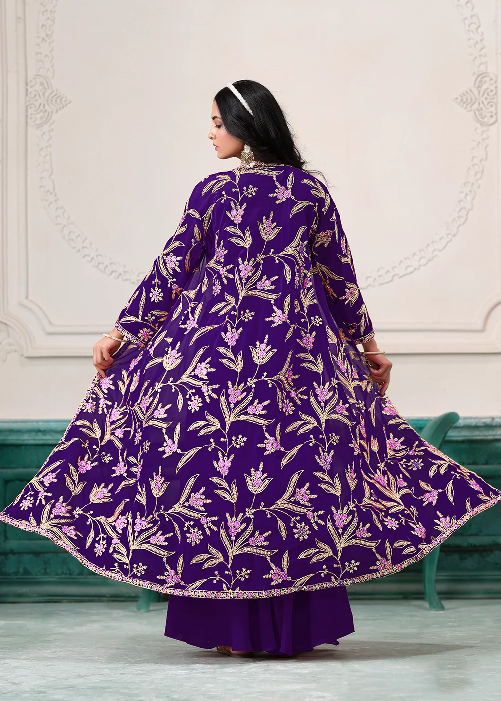 Indo Western Purple Embroidered Jacket Style Sharara Suit - Image 3