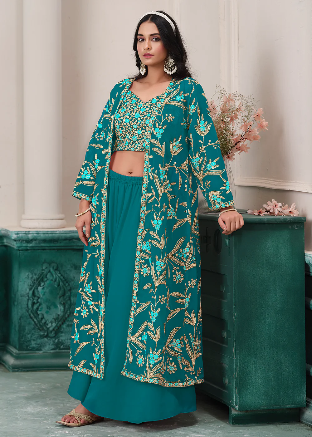 Indo Western Rama Embroidered Jacket Style Sharara Suit - Image 4