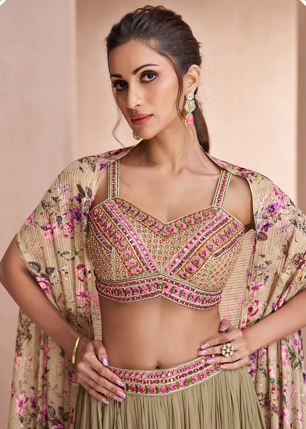 Indo Western Style Beige Party Wear Palazzo Suit - Image 2