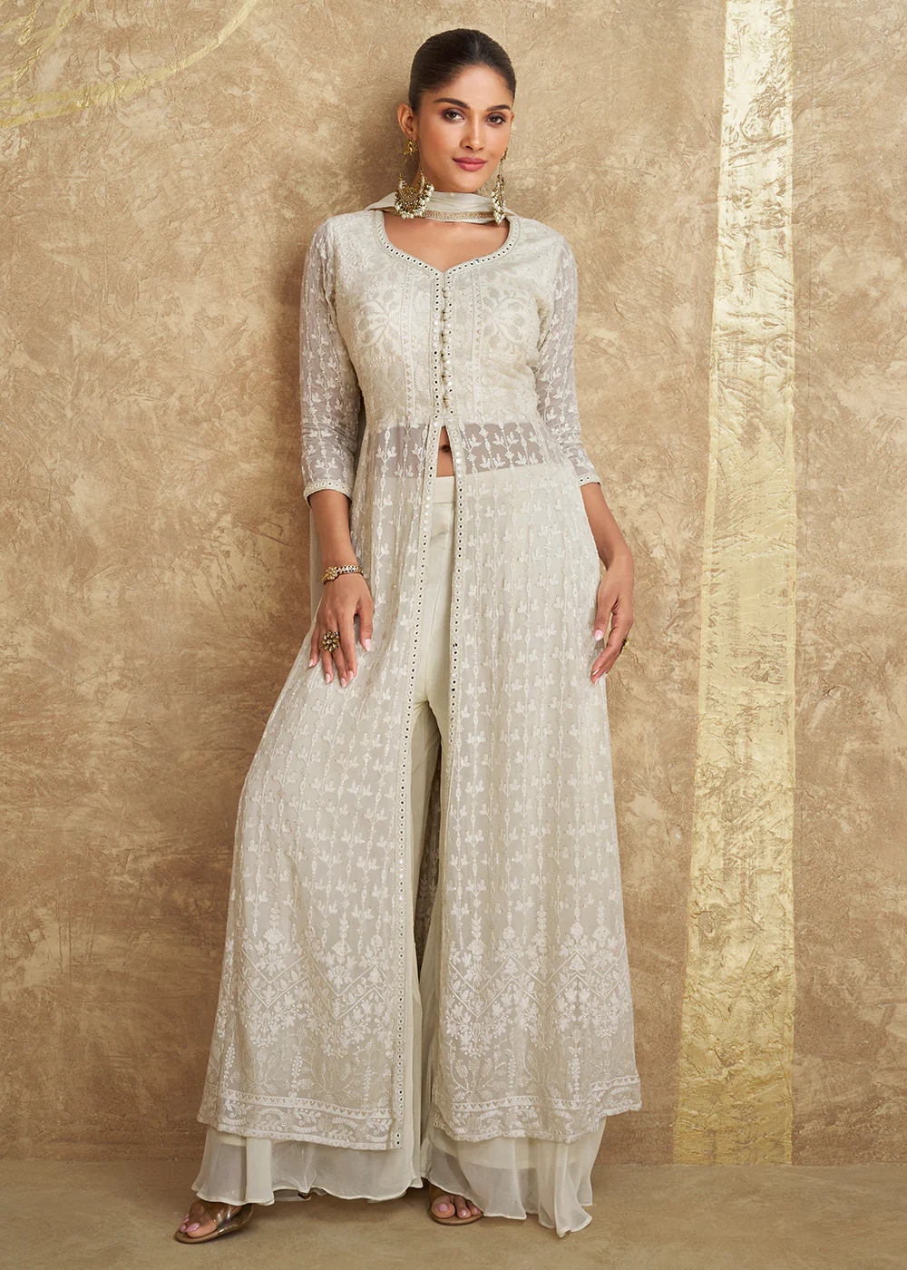 Indo Western Style Ivory White Designer Palazzo Suit
