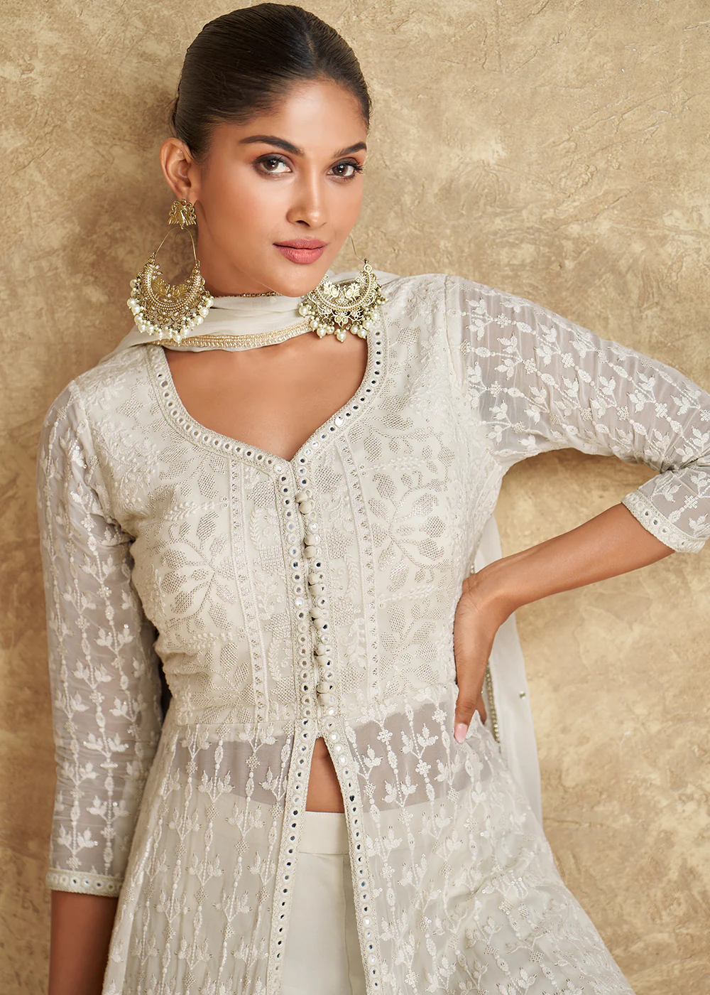 Indo Western Style Ivory White Designer Palazzo Suit - Image 2