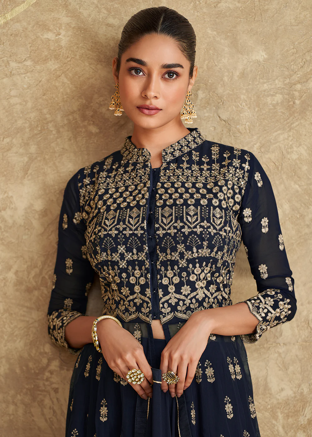 Indo Western Style Navy Blue Designer Palazzo Suit - Image 2