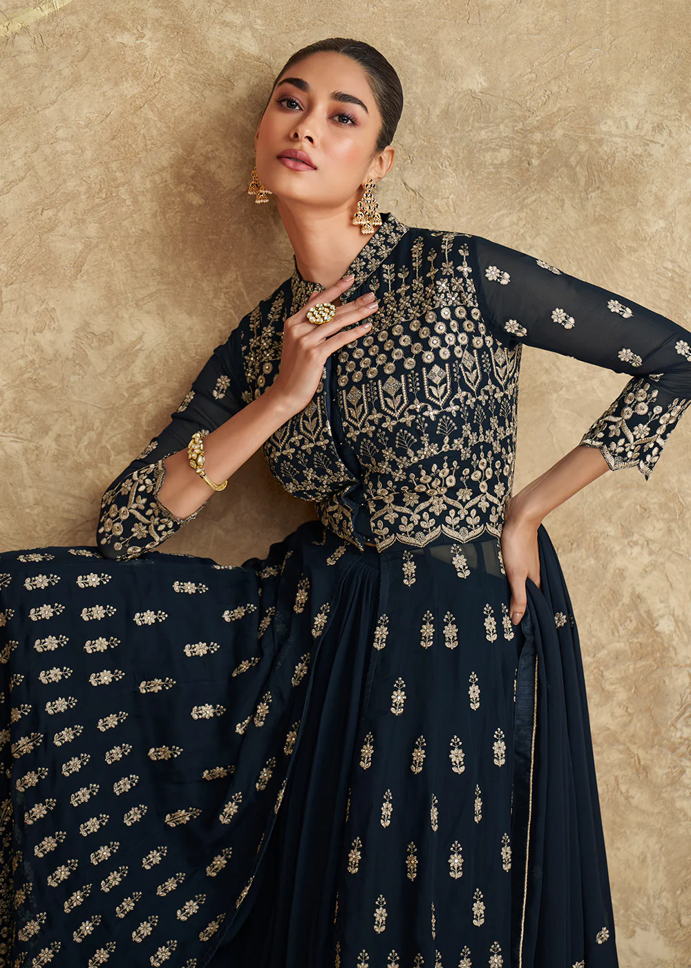 Indo Western Style Navy Blue Designer Palazzo Suit - Image 4