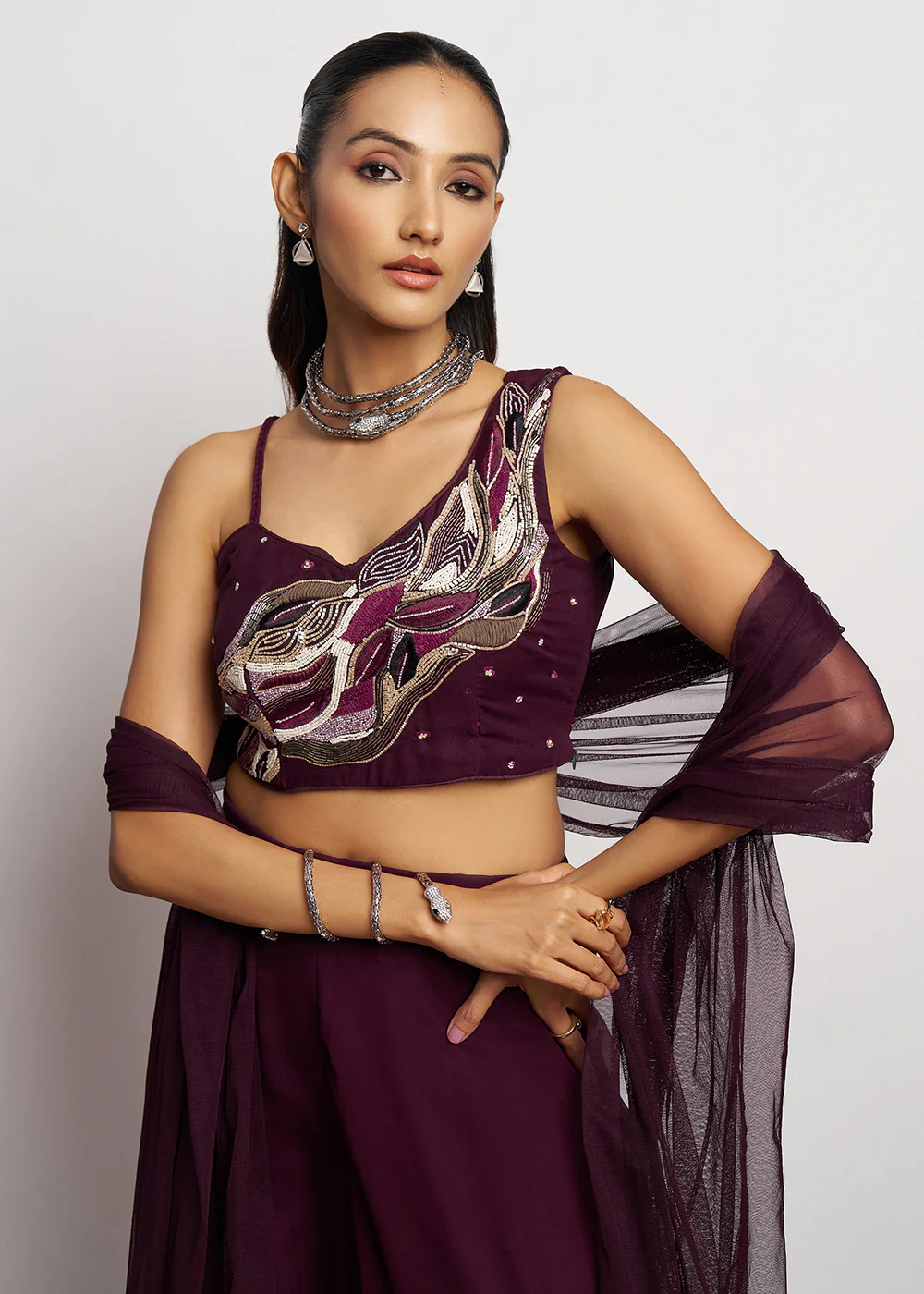 Indo Western Wine Khatli Work Party Wear Sharara Suit - Image 2