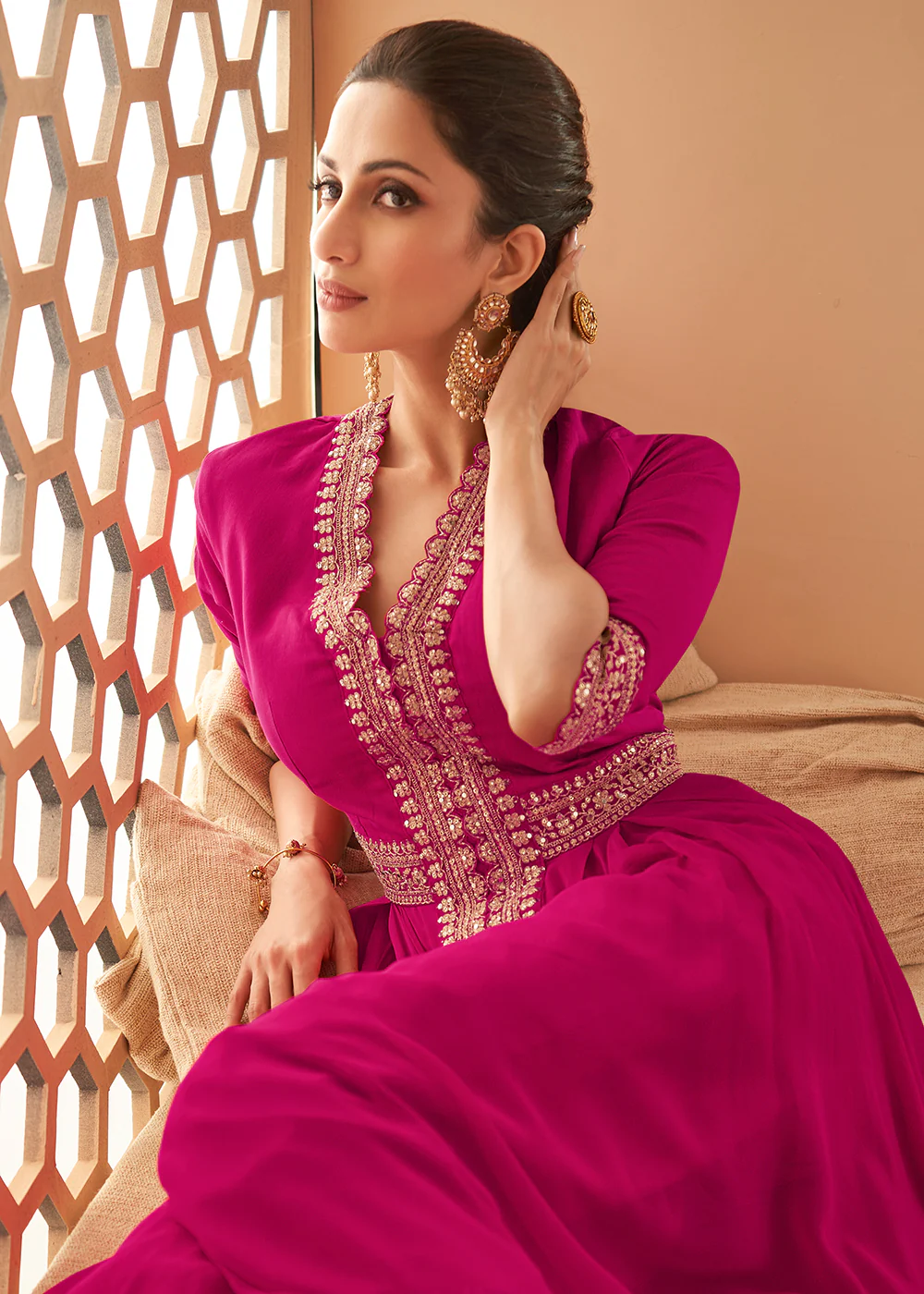 Ingenious Hot Pink Front Slit Silk Georgette Anarkali Suit - Image 2