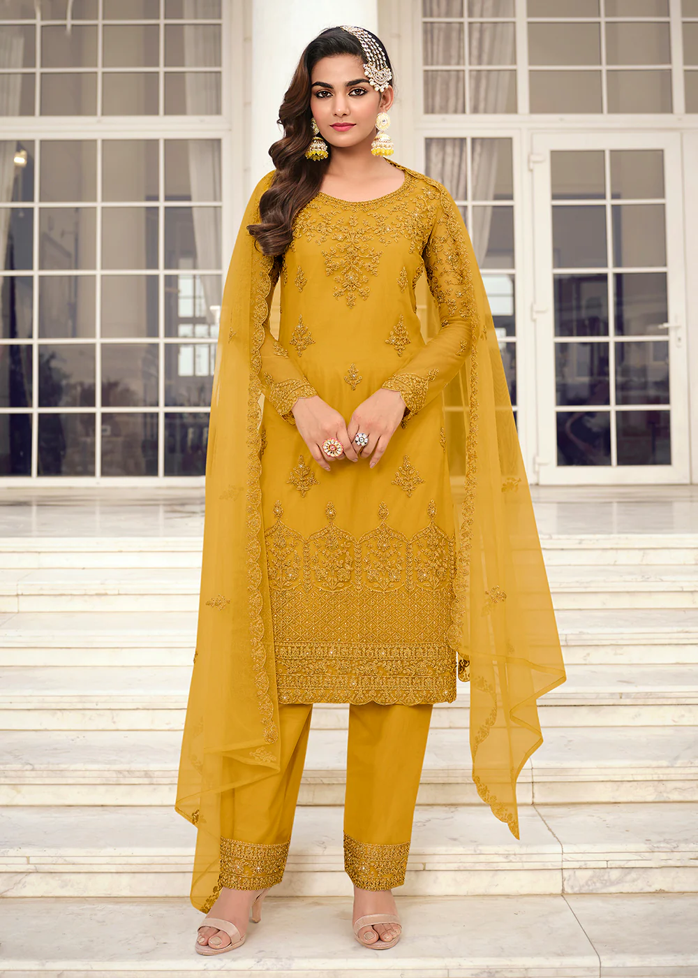 Intricate Yellow & Gold Embroidered Pant Style Salwar Suit