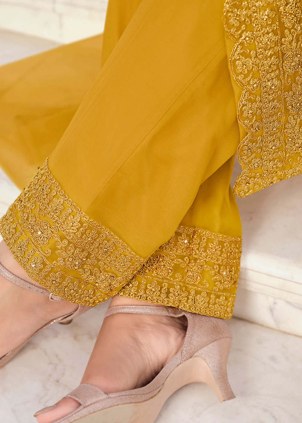 Intricate Yellow & Gold Embroidered Pant Style Salwar Suit - Image 3