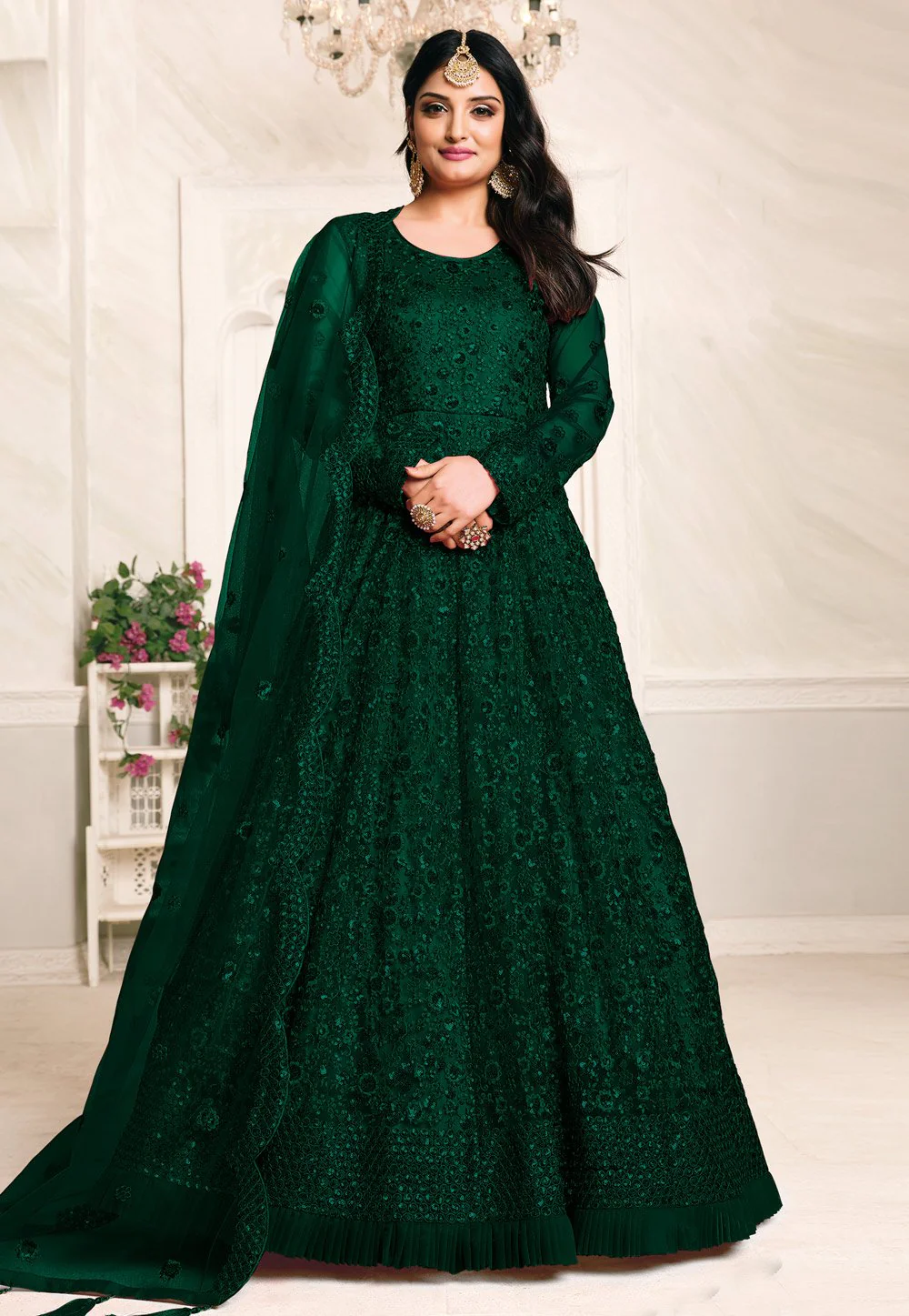 Intriguing Green Net Embroidered Abaya Style Anarkali Suit