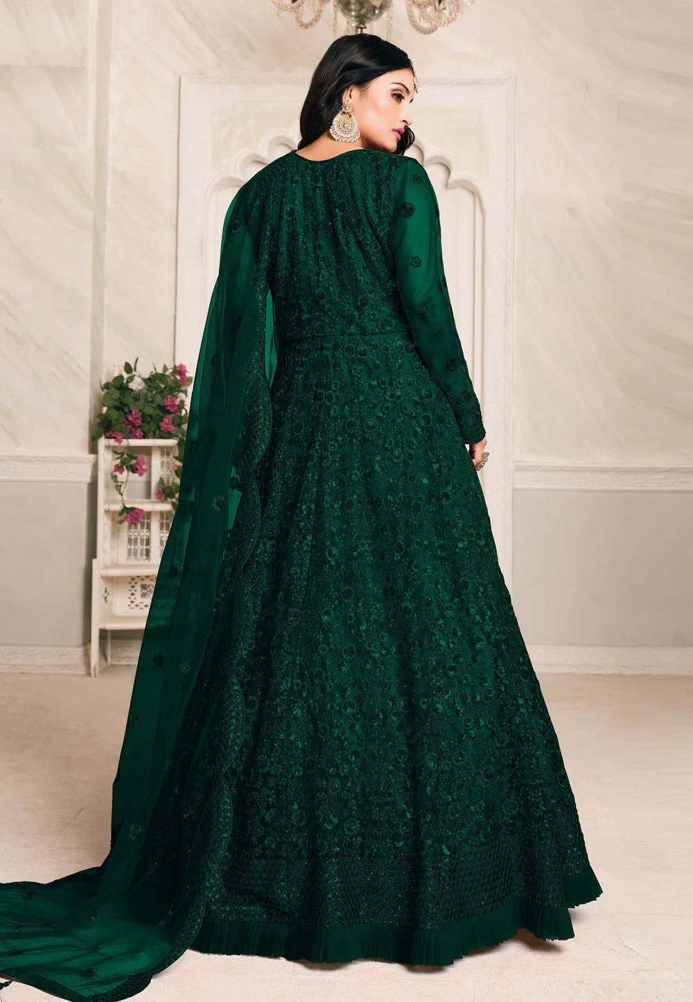 Intriguing Green Net Embroidered Abaya Style Anarkali Suit - Image 3