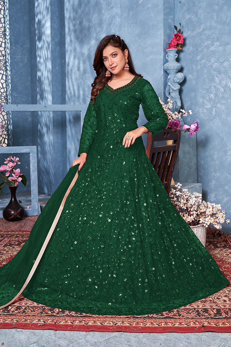 Intriguing Green Two Tone Embroidered Sequins Anarkali Suit - Image 4